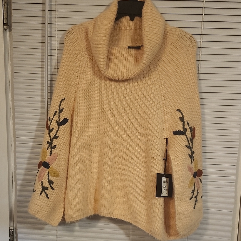 Embroidered Blush Pink Turtleneck Poncho Like Sweater
